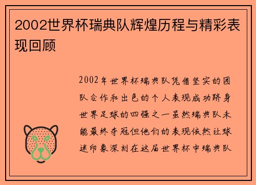 2002世界杯瑞典队辉煌历程与精彩表现回顾